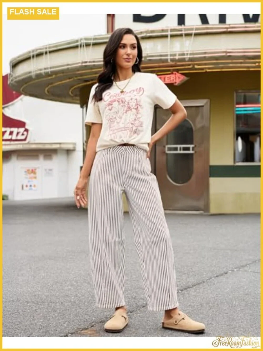 Striped High Waisted Wide Leg Baggy Jeans with Pockets